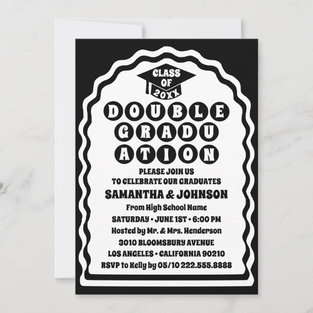 Modern Bold Black Wavy Arch Double Graduation  Invitation (Front)