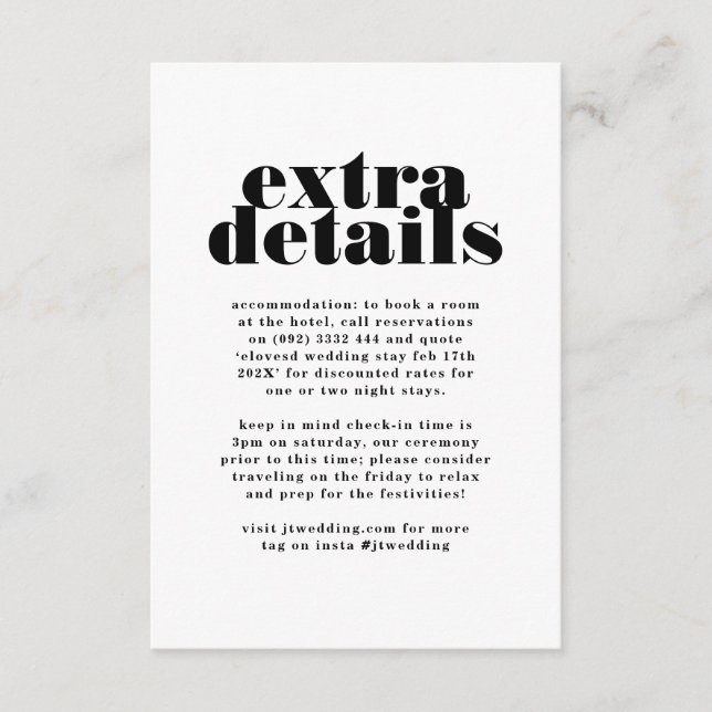 Modern Bold Black White Extra Info Details Enclosure Card (Front)