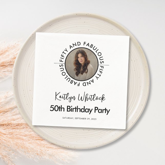 Modern Bold Black White Fifty and Fabulous Napkin (black and white fifty and fabulous 50th birthday party napkins with bold typography and script font)