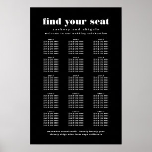 Modern Bold Black White Wedding Seating Chart Sign