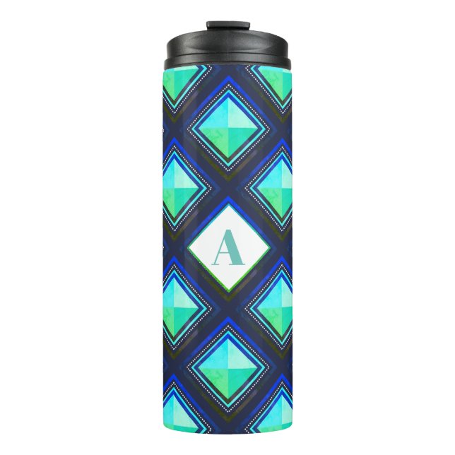 Modern Bold Blue Green Geometric Diamonds & Name Thermal Tumbler (Front)
