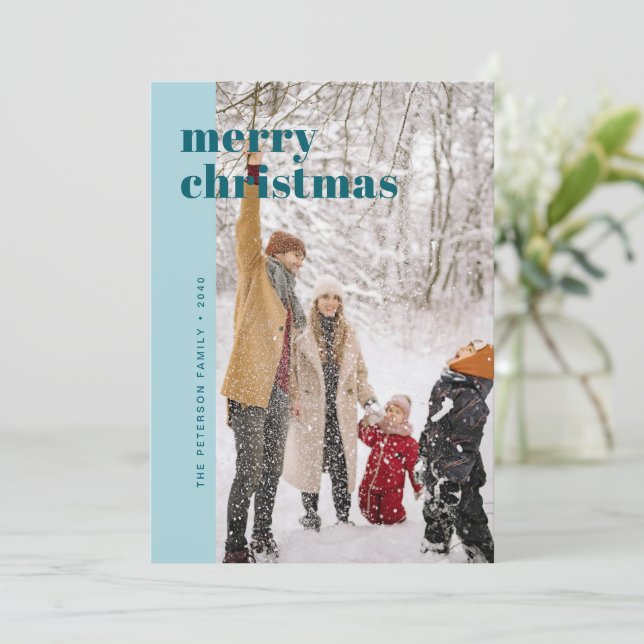 Modern Bold Blue & Teal Merry Christmas Photo Holiday Card (Standing Front)