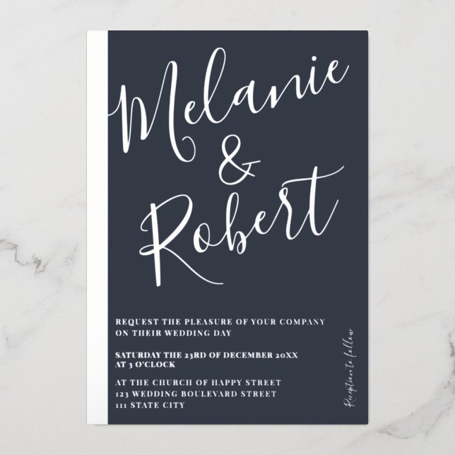 Modern bold blue wedding photo silver stripe (Front)