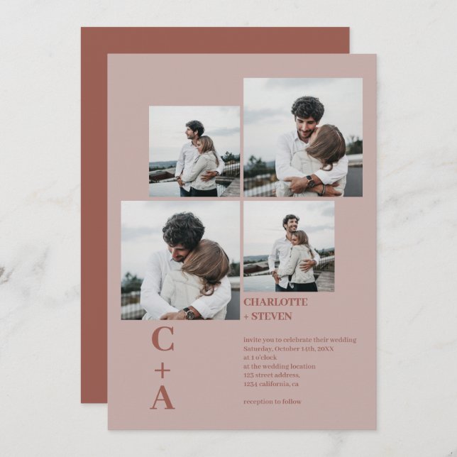 Modern bold boho brown 4 photos grid wedding invitation (Front/Back)