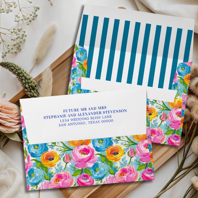 Modern Bold Bright Colourful Floral Stripe Wedding Envelope (Creator Uploaded)