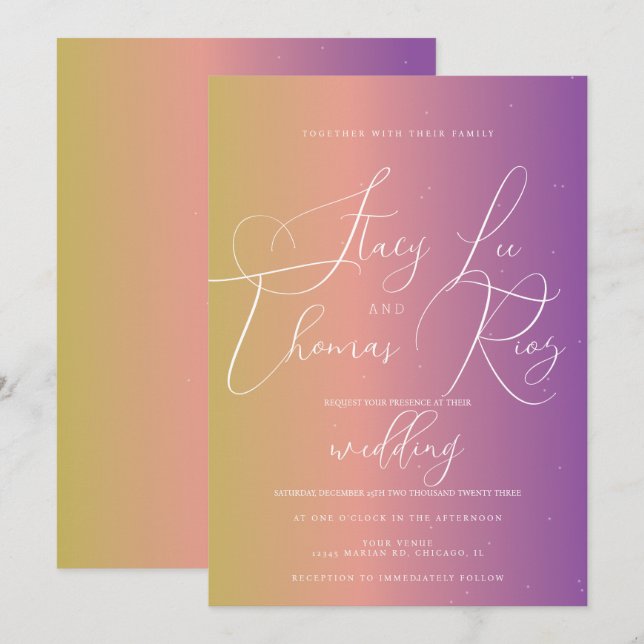 Modern Bold Bright Ombre Purple Script Wedding   Invitation (Front/Back)
