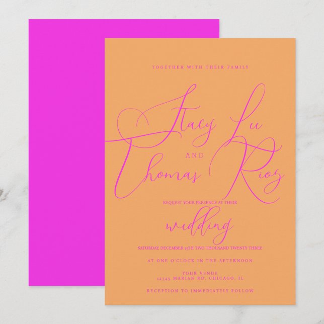 Modern Bold Bright Pink Orange Script Wedding  Invitation (Front/Back)