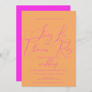 Modern Bold Bright Pink Orange Script Wedding  Invitation