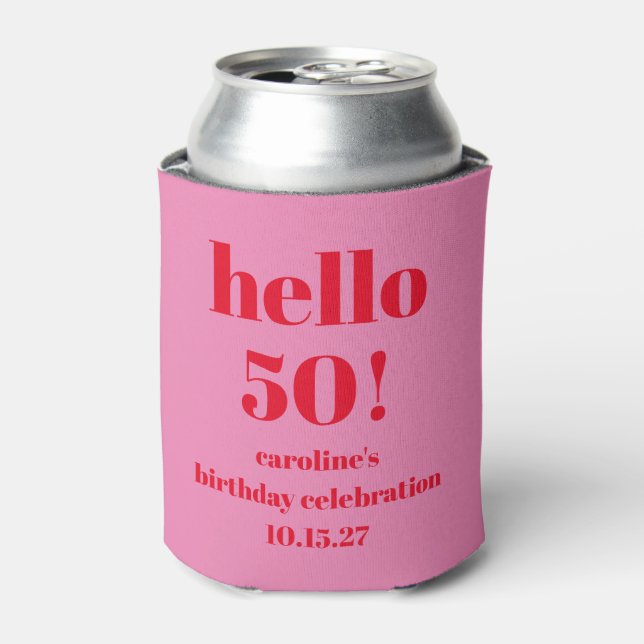 Modern Bold Bright Pink Red 50th Birthday Custom Can Cooler (Can Front)