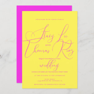 Modern Bold Bright Pink Yellow  Script Wedding  Invitation