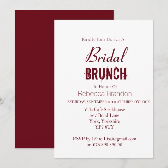 Modern Bold Burgundy Bridal Brunch  Invitation (Front/Back)