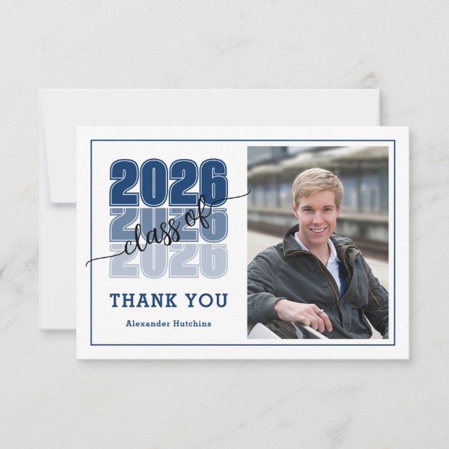 Modern Bold Class 2026 Navy Blue Graduation Thank You Card (Front)