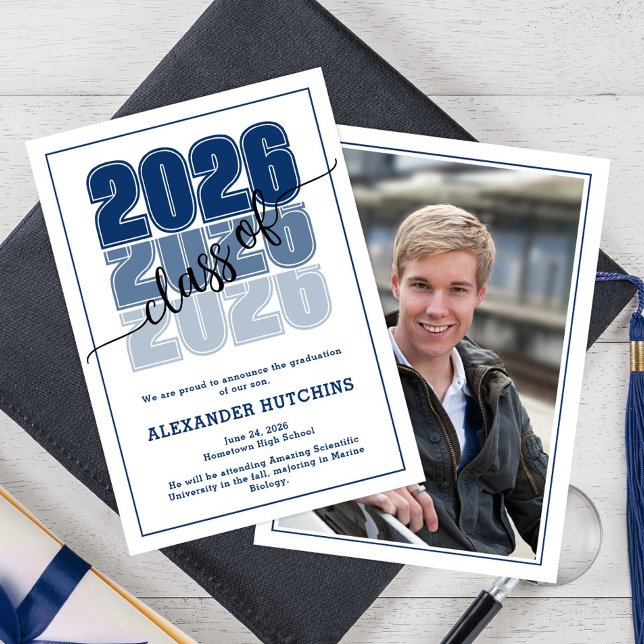 Modern Bold Class of 2026 Navy Blue Graduation Announcement (Creator Uploaded)