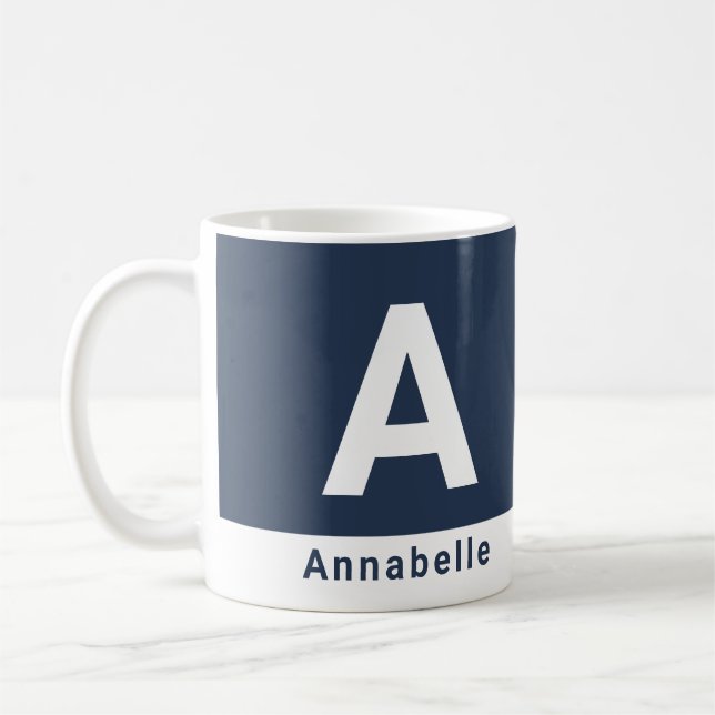 Modern bold colorblock navy blue personalized name coffee mug (Left)