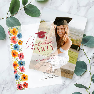 Modern Bold Colourful Floral Watercolor Graduation Vellum Invitations