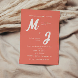 Modern Bold Coral Pink Monogram Wedding Invitation