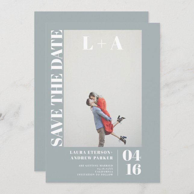 Modern bold dusty blue initial photo save the date (Front/Back)