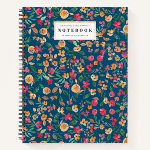 modern bold fall floral watercolor name navy blue notebook