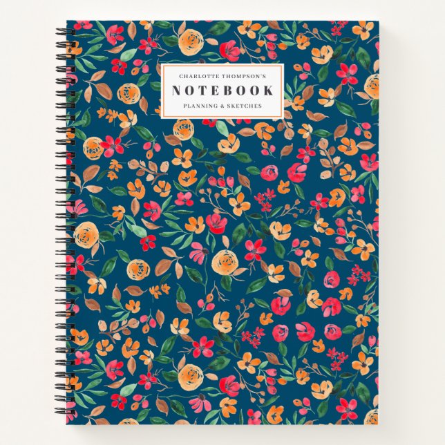 modern bold fall floral watercolor name navy blue notebook (Front)