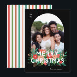 Modern Bold Floral Merry Christmas Arch Photo Holiday Card<br><div class="desc">This beautiful photo Christmas card features hand drawn floral elements in various shades of coral, red-orange, mint, teal, lime, and green. Included are pine, flowers, sprigs, leaves, berries, and buds, along with modern typography in white, reading, "Merry Christmas." The background colour is black, and the back of the card contains...</div>