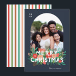 Modern Bold Floral Merry Christmas Arch Photo  Holiday Card<br><div class="desc">This beautiful photo Christmas card features hand drawn floral elements in various shades of coral, red-orange, mint, teal, lime, and green. Included are pine, flowers, sprigs, leaves, berries, and buds, along with modern typography in white, reading, "Merry Christmas." The background colour is a grey slate blue, and the back of...</div>