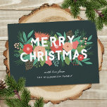 Modern Bold Floral Merry Christmas Family Name Holiday Card<br><div class="desc">Send beautiful, personalized Christmas greetings with this stylish card, featuring various hand drawn floral elements (pine, flowers, buds, pinecones, leaves, and sprigs). Modern typography reads, "Merry Christmas" in white, and the foliage elements are layered below, with some elements above the text. Text templates on both the front and back are...</div>