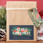 Modern Bold Floral Merry Christmas Name Blue Sticker<br><div class="desc">These modern styled stickers feature colourful hand drawn winter flowers and other elements over dark background. Typography reading,  "Merry Christmas" in white is layered into the design. Great for Christmas gift labels and more!</div>