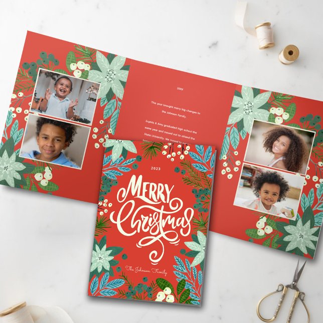 Modern Bold Floral Merry Christmas Photo Tri-Fold Holiday Card (Modern Bold Floral Merry Christmas Photo Tri-Fold Holiday Card)