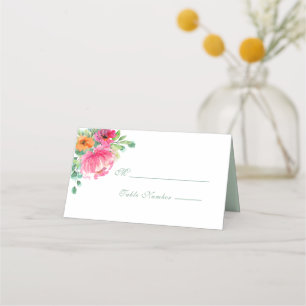 Modern Bold Floral Pink Orange Monogram Wedding Place Card