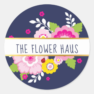 MODERN BOLD FLOWER colourful pink navy blooms Classic Round Sticker