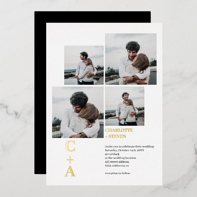 Modern bold font gold foil 4 photos grid wedding  (Front/Back)