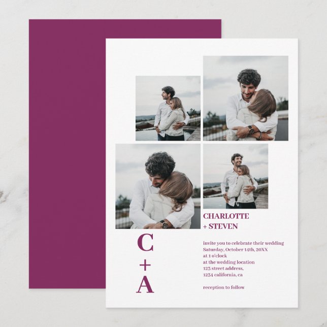 Modern bold font magenta 4 photos grid wedding invitation (Front/Back)