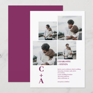 Modern bold font magenta 4 photos grid wedding invitation