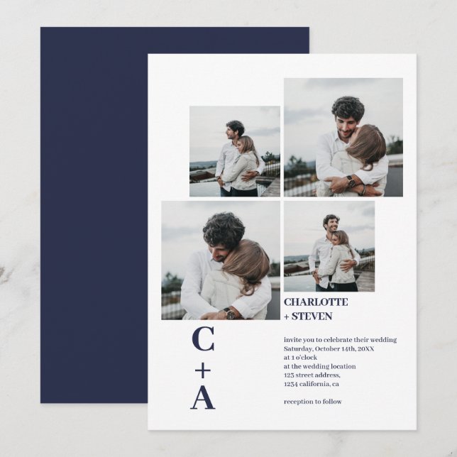 Modern bold font navy blue 4 photos grid wedding invitation (Front/Back)