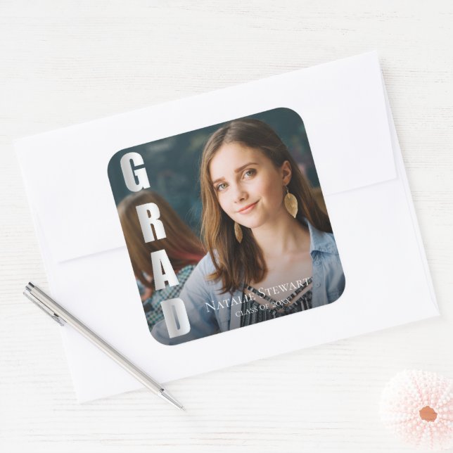 Modern Bold Font Photo Graduation Square Sticker (Envelope)