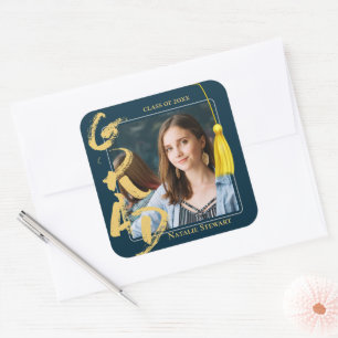 Modern Bold Font Photo Graduation Tassel Square Sticker