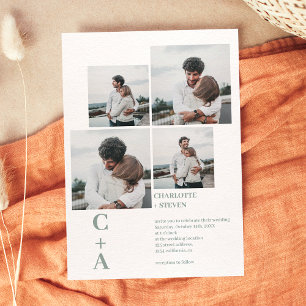 Modern bold font sage green 4 photos grid wedding invitation