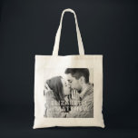 Modern Bold & Fun Typography Custom Photo Wedding Tote Bag<br><div class="desc">Add a custom photo. Photo filter is applied. Date is bold serif typography. Bride-to-be and Groom-to-be names are in sans serif typography.</div>