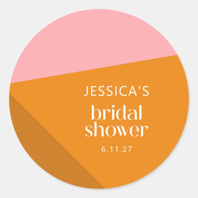 Modern Bold Geometric Pink Orange Bridal Shower Classic Round Sticker (Front)