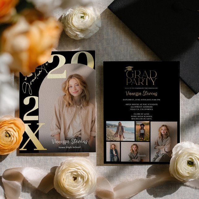 Modern Bold Gold Black Trendy 6 photos graduation (Modern Bold Gold Black Trendy 6 photos graduation Foil Invitation)