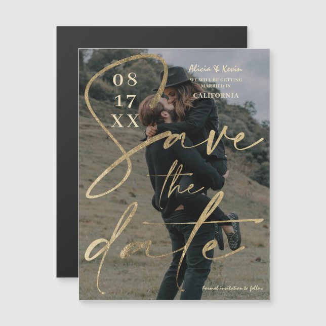 Modern bold gold foil script save the date photo (Front/Back)