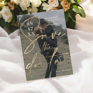 Modern bold gold foil script save the date photo invitation