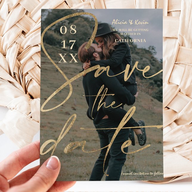 Modern bold gold foil script save the date photo postcard (Creator Uploaded)