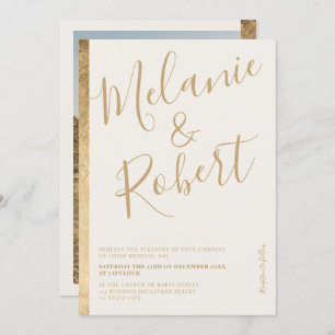 Modern bold gold stripe ivory wedding photo invitation