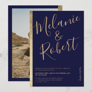 Modern bold gold stripe navy blue wedding photo invitation