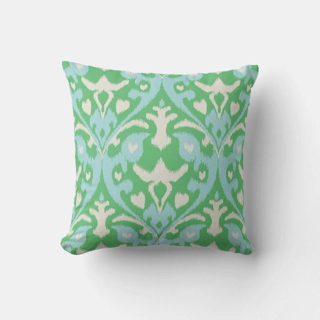 Modern bold green blue ikat tribal pattern throw pillow (Front)