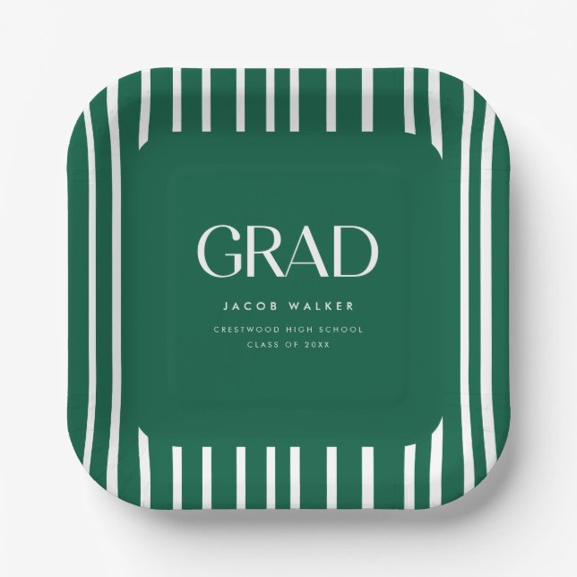 Modern Bold Green Striped Pattern Graduation Party Paper Plate (Front)