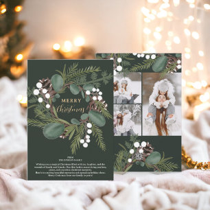 Modern Bold green wreath 3 photos Christmas Holiday Card