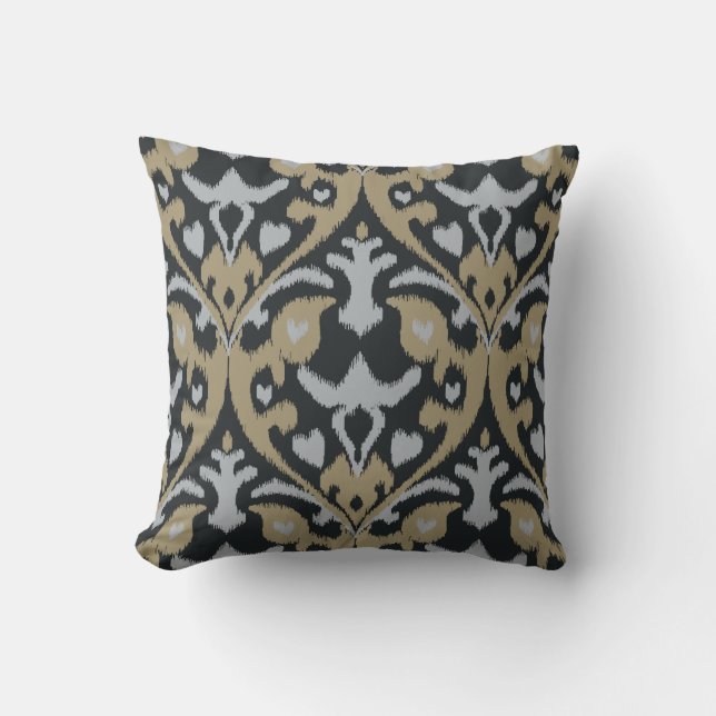 Modern bold grey beige black ikat tribal pattern throw pillow (Front)
