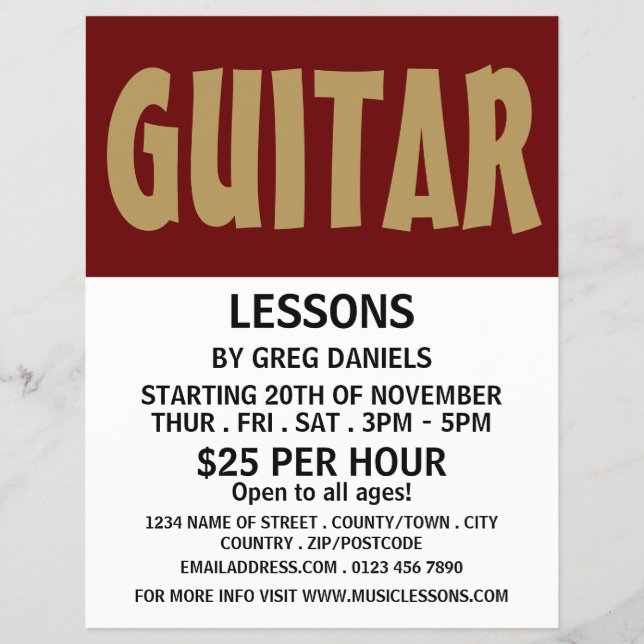 Modern Bold, Guitar Lessons Advertising Flyer (Front)